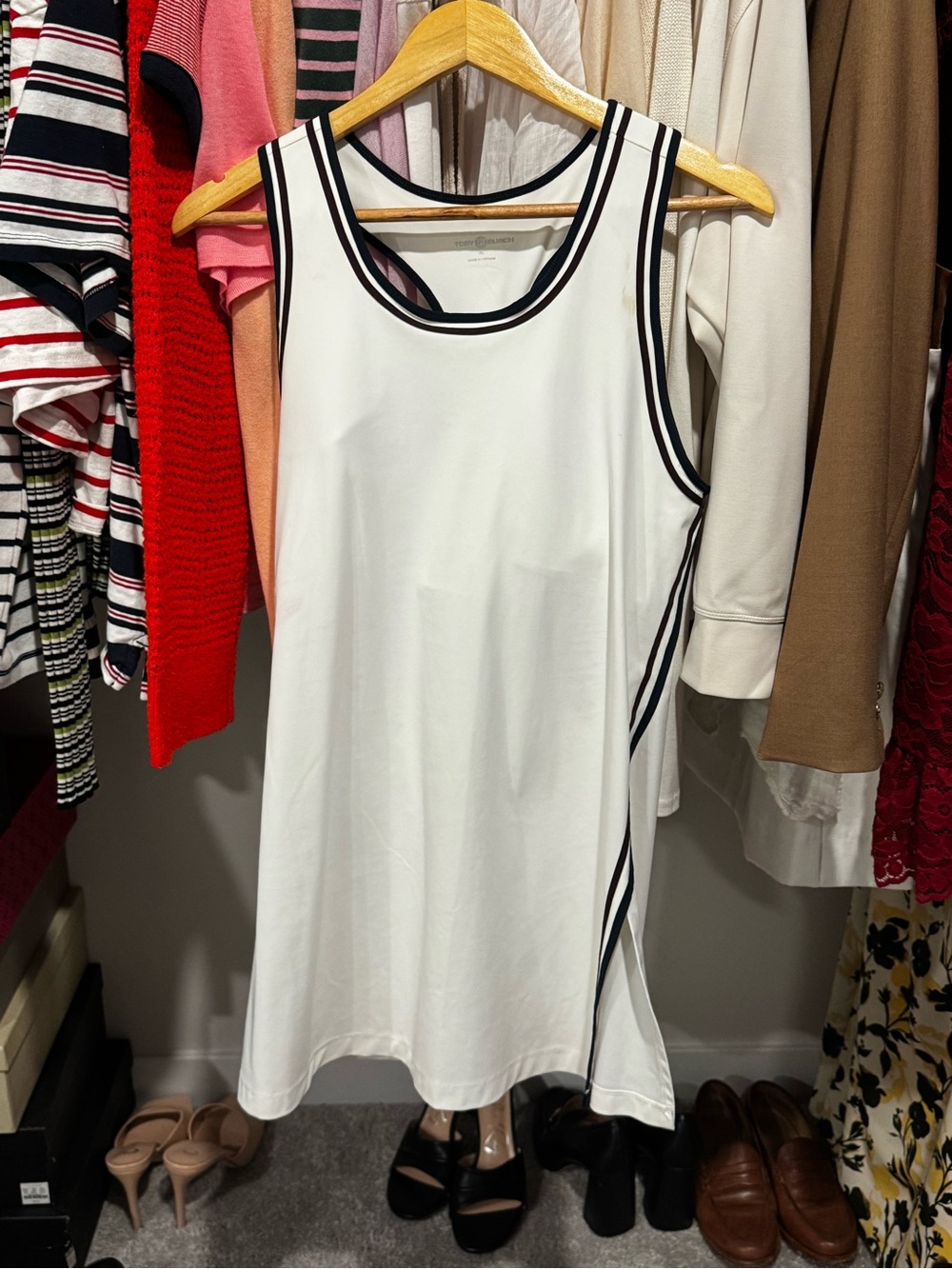 Tory Burch White Sleeveless Mini Dress with Black and Navy Blue Piping